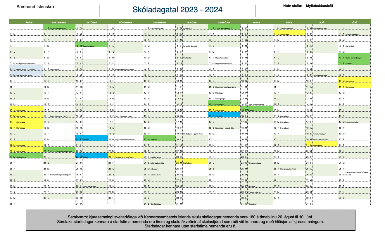 Skóladagatal 2023 - 2024 samþykkt og birt
